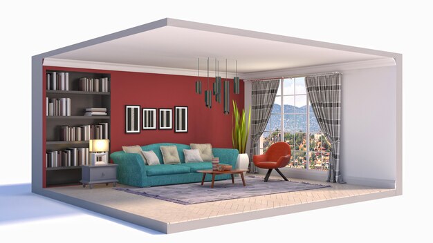 3D illustration interior of the living room in a box