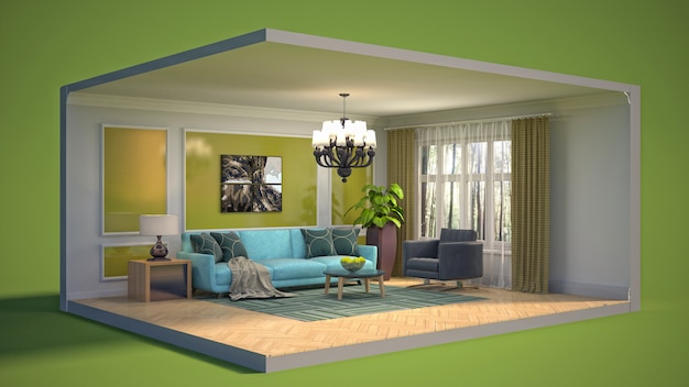 3D illustration interior of the living room in a box