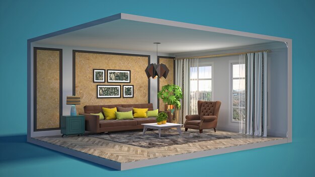 3D illustration interior of the living room in a box