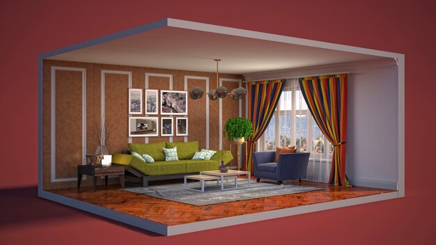 3D illustration interior of the living room in a box