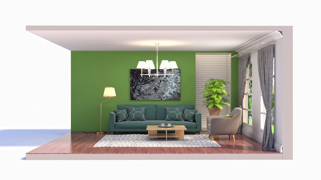 3D illustration interior of the living room in a box