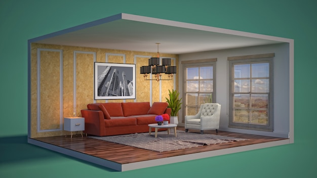 3D illustration interior of the living room in a box