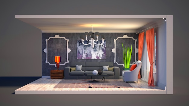 3D illustration interior of the living room in a box