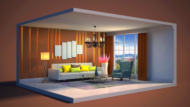 3D illustration interior of the living room in a box