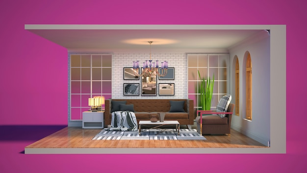 3D illustration interior of the living room in a box