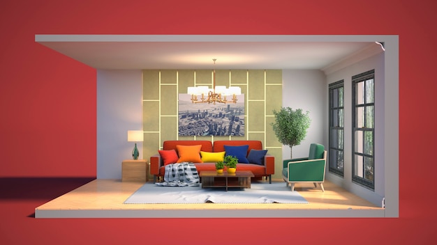 3D illustration interior of the living room in a box