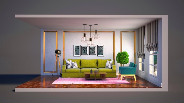 3D illustration interior of the living room in a box