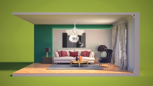 3D illustration interior of the living room in a box