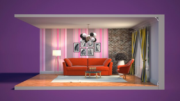 3d illustration interior of the living room in a box