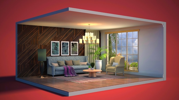 3D illustration interior of the living room in a box