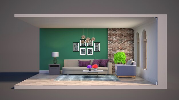 3D illustration interior of the living room in a box