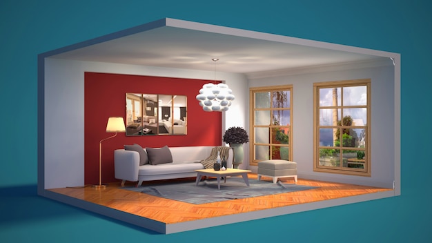 3d illustration interior of the living room in a box