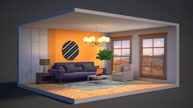 3D illustration interior of the living room in a box