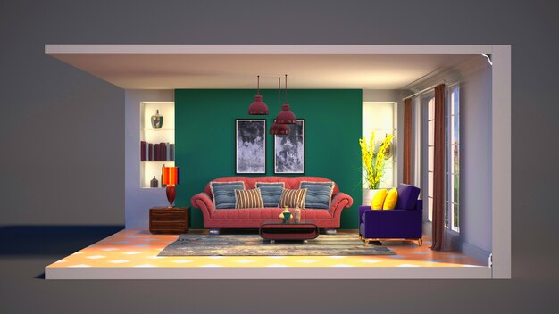 3D illustration interior of the living room in a box