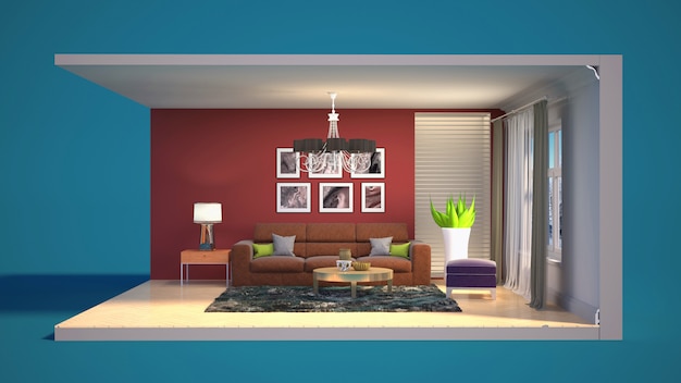 3D illustration interior of the living room in a box