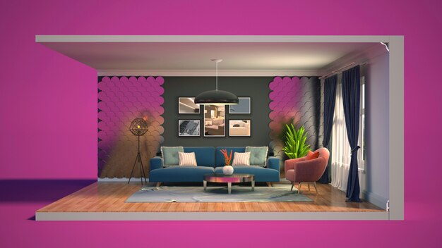 3D illustration interior of the living room in a box