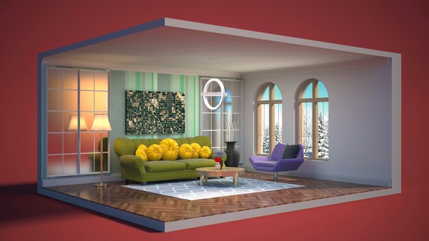 3D illustration interior of the living room in a box