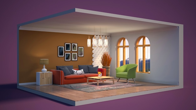 3D illustration interior of the living room in a box