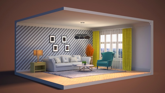 3D illustration interior of the living room in a box