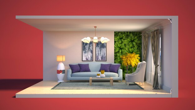 3D illustration interior of the living room in a box