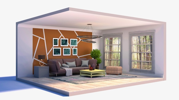 3D illustration interior of the living room in a box