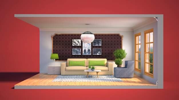 3D illustration interior of the living room in a box