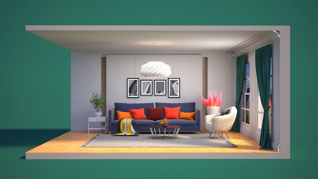 3D illustration interior of the living room in a box