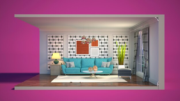 3D illustration interior of the living room in a box