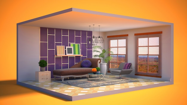 3d illustration interior of the living room in a box