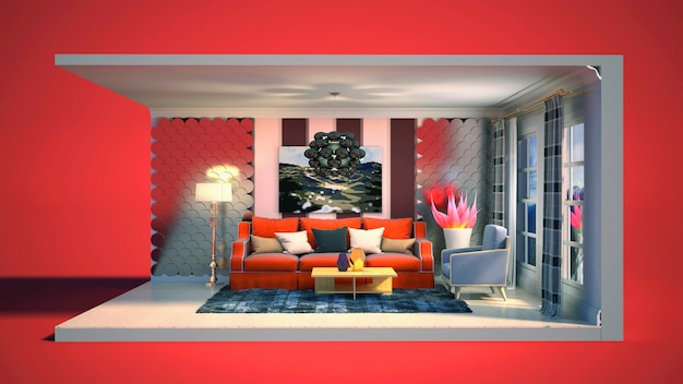 3D illustration interior of the living room in a box