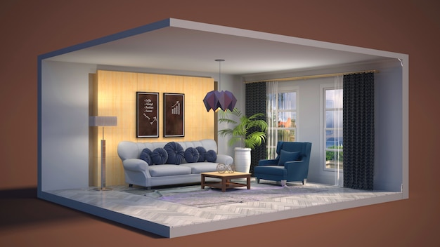 3D illustration interior of the living room in a box