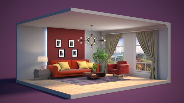 3D illustration interior of the living room in a box