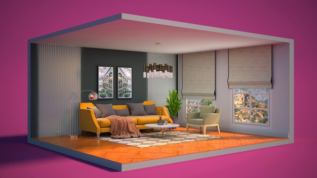 3D illustration interior of the living room in a box