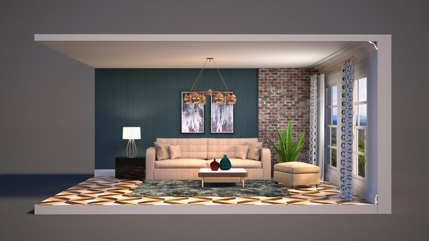 3D illustration interior of the living room in a box