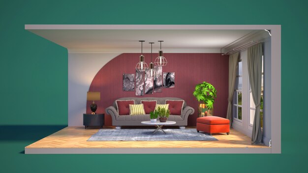 3D illustration interior of the living room in a box