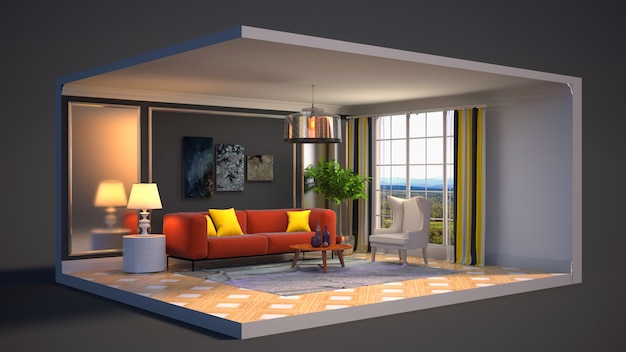 3D illustration interior of the living room in a box