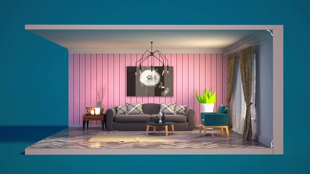 3d illustration interior of the living room in a box