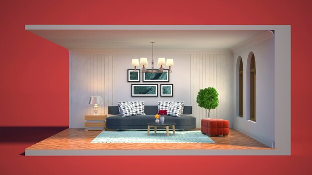 3D illustration interior of the living room in a box