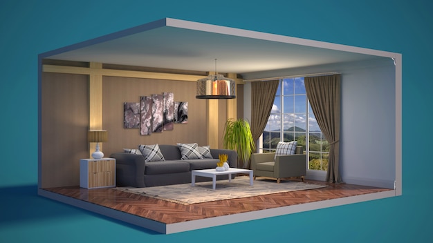 3D illustration interior of the living room in a box