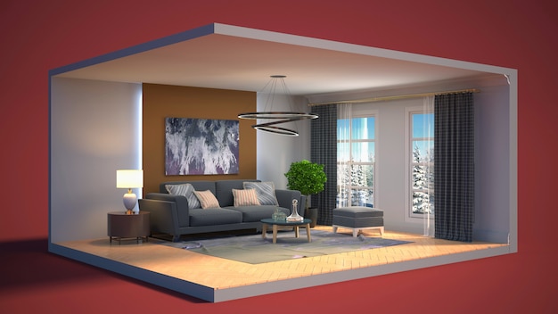 3D illustration interior of the living room in a box