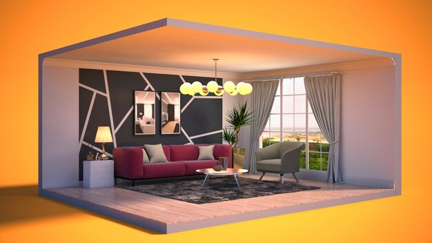 3D illustration interior of the living room in a box