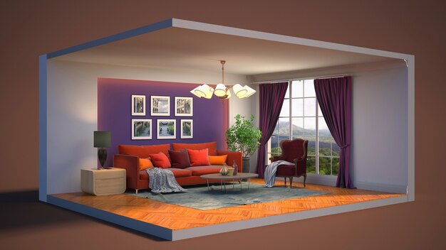 3D illustration interior of the living room in a box