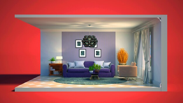 3D illustration interior of the living room in a box