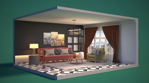 3D illustration interior of the living room in a box