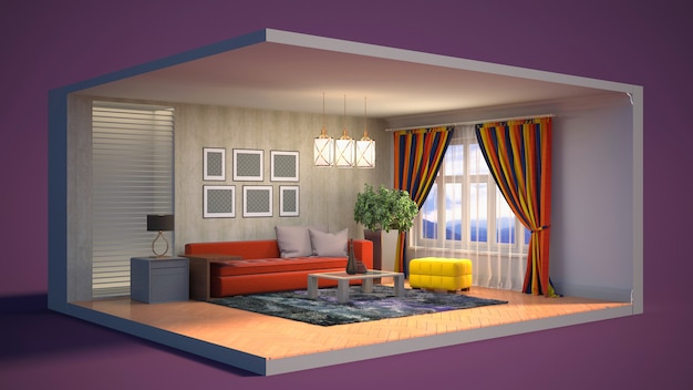 3D illustration interior of the living room in a box