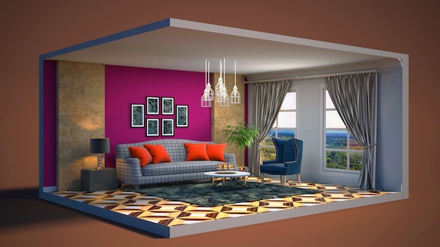 3D illustration interior of the living room in a box