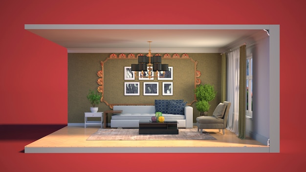 3D illustration interior of the living room in a box