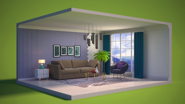 3D illustration interior of the living room in a box