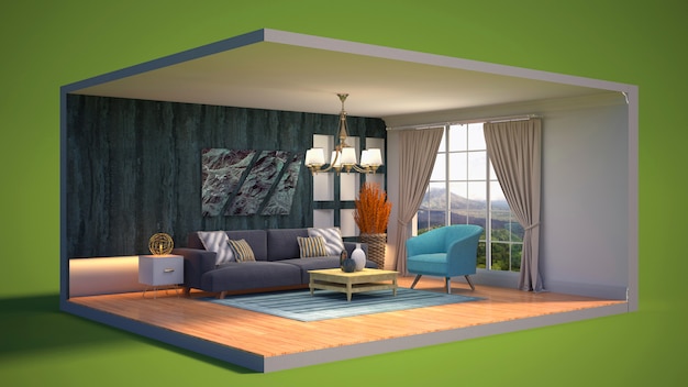 3D illustration interior of the living room in a box