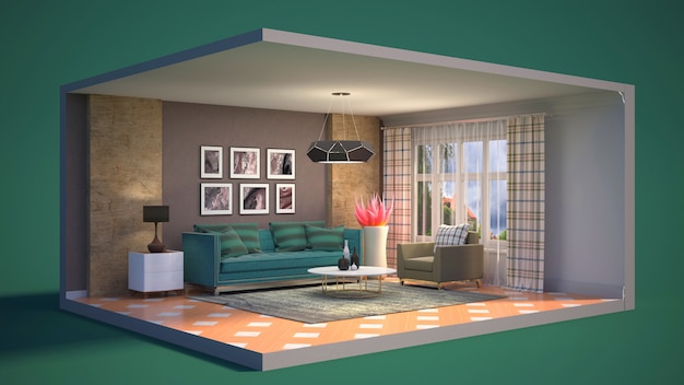 3D illustration interior of the living room in a box